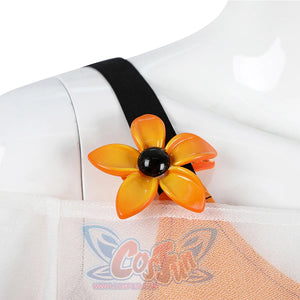 Zenless Zone Zero Belle Cosplay summer suit has two small orange flowers on the both shoulder straps.