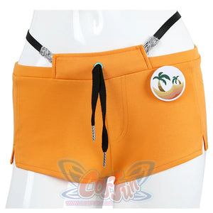 The pants is orange sports shorts with a black drawstring design, there is a graphic badge on the side of the pants, which features a tropical palm tree pattern.