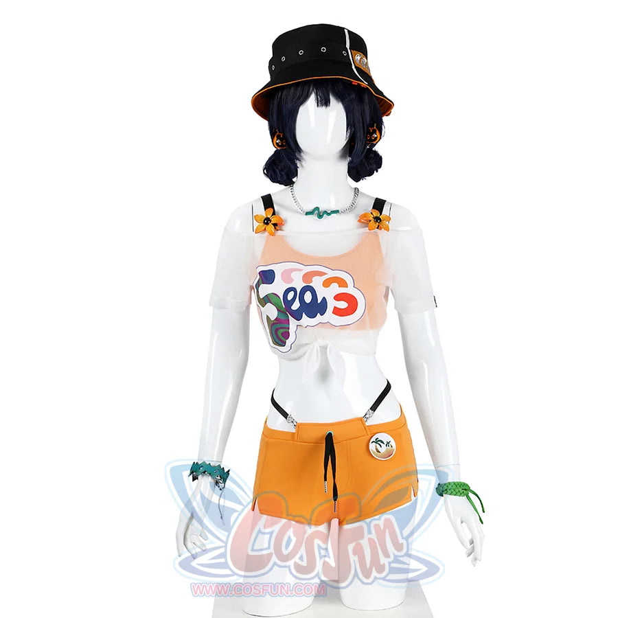 The upper body is a transparent short T-shirt with a bright graffiti pattern on the chest and small flowers on the shoulder straps, the lower body is orange sports shorts with a black drawstring design, the hat is mainly black with orange and white embellishments.