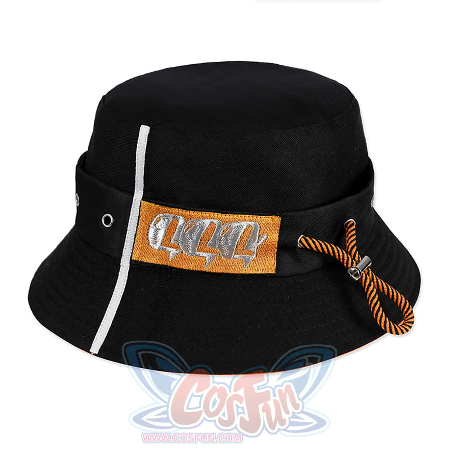 The bucket hat is a combination of black and orange, the hatband has silver metal eyelets with a drawstring for size adjustment, there is a drawstring for size adjustment.