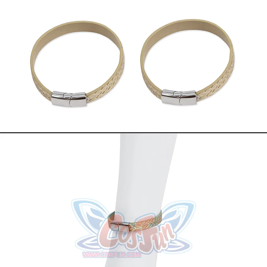 The leg rings features a woven texture, and each bracelet closes with a silver metal clasp.