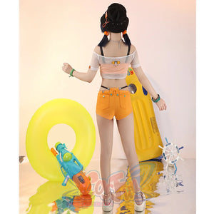 The  orange underwear with black shoulder straps, a short transparent T-shirt also with a  pattern on the back, the lower body is orange shorts, black straps on the pants.