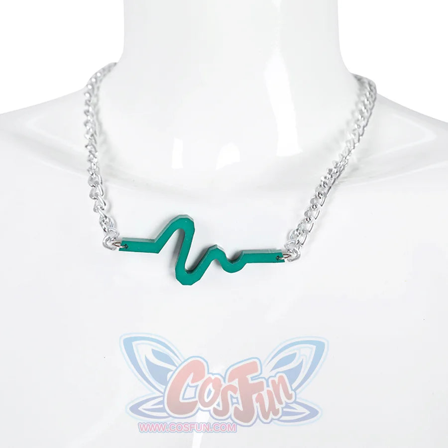 The chain part of the necklace is a silver metal chain, and the pendant is a green wave-shaped pattern.
