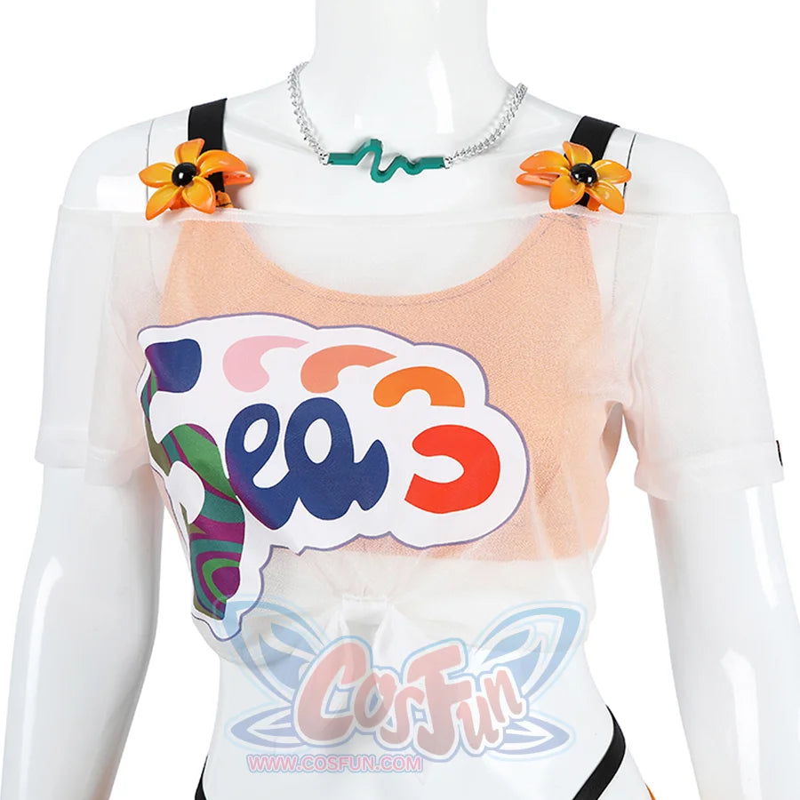 The upper body is a transparent short T-shirt with a bright graffiti pattern on the chest and small flowers on the shoulder straps.