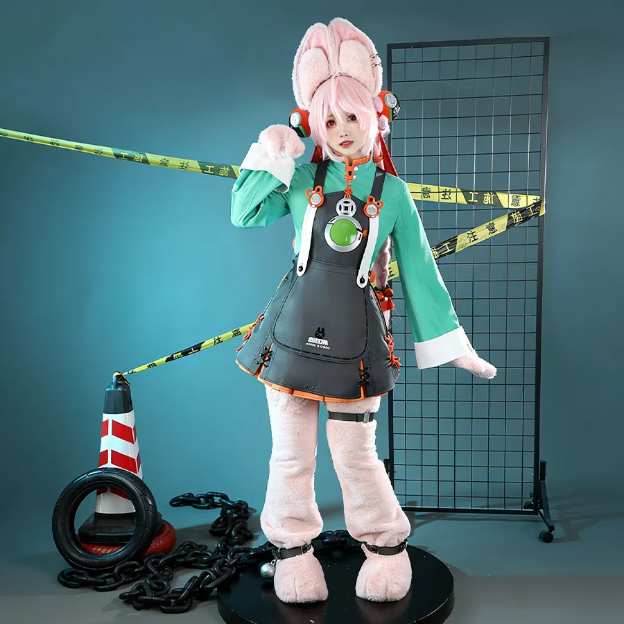 Zhao cosplay costume full outfit with pink bunny ears, green jacket, gray skirt, and accessories