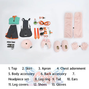Zhao cosplay costume complete set layout showing all 13 components including top, skirt, apron, chest ornament, body accessory, back accessory, headpiece set, leg ring, tail, ears, leg covers, shoes, and gloves with numbered labels