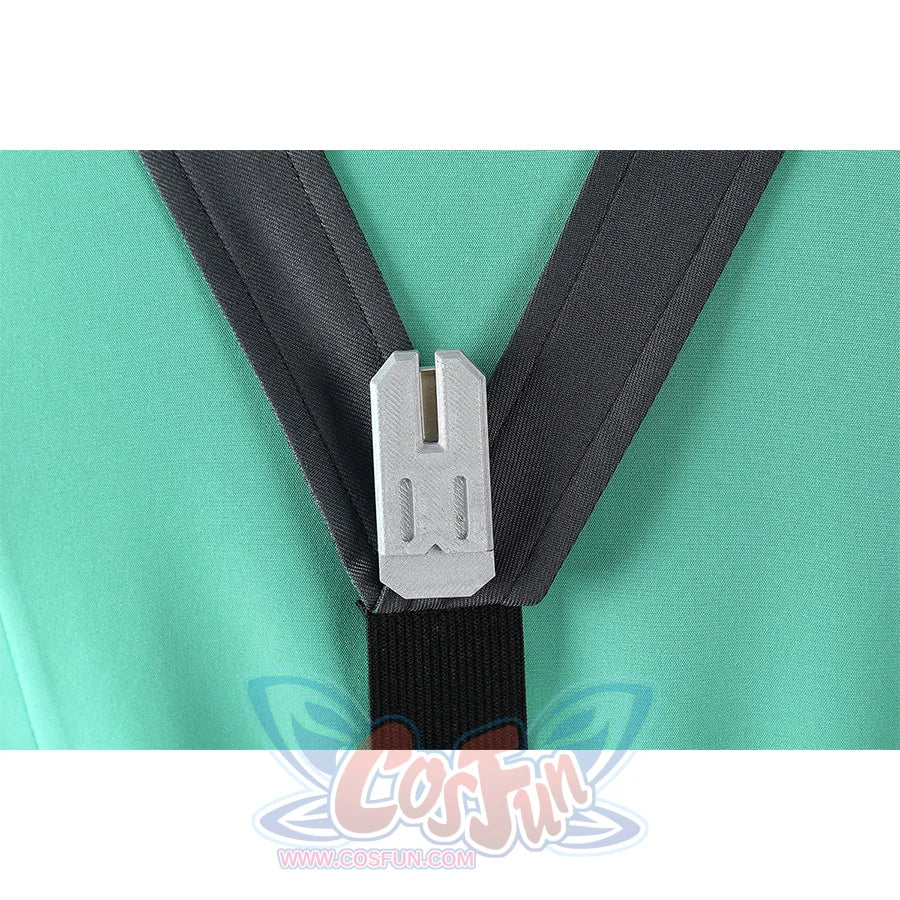 Zhao cosplay costume apron back strap detail showing black straps with silver buckle on green jacket