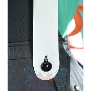 Zhao cosplay costume apron strap detail showing white strap with black spherical ornament on gray dress