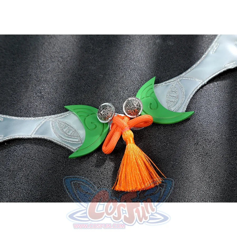 Zhao cosplay costume back headpiece close-up with green leaf ornament, silver flower center, orange ribbon, and orange tassel on silver chain