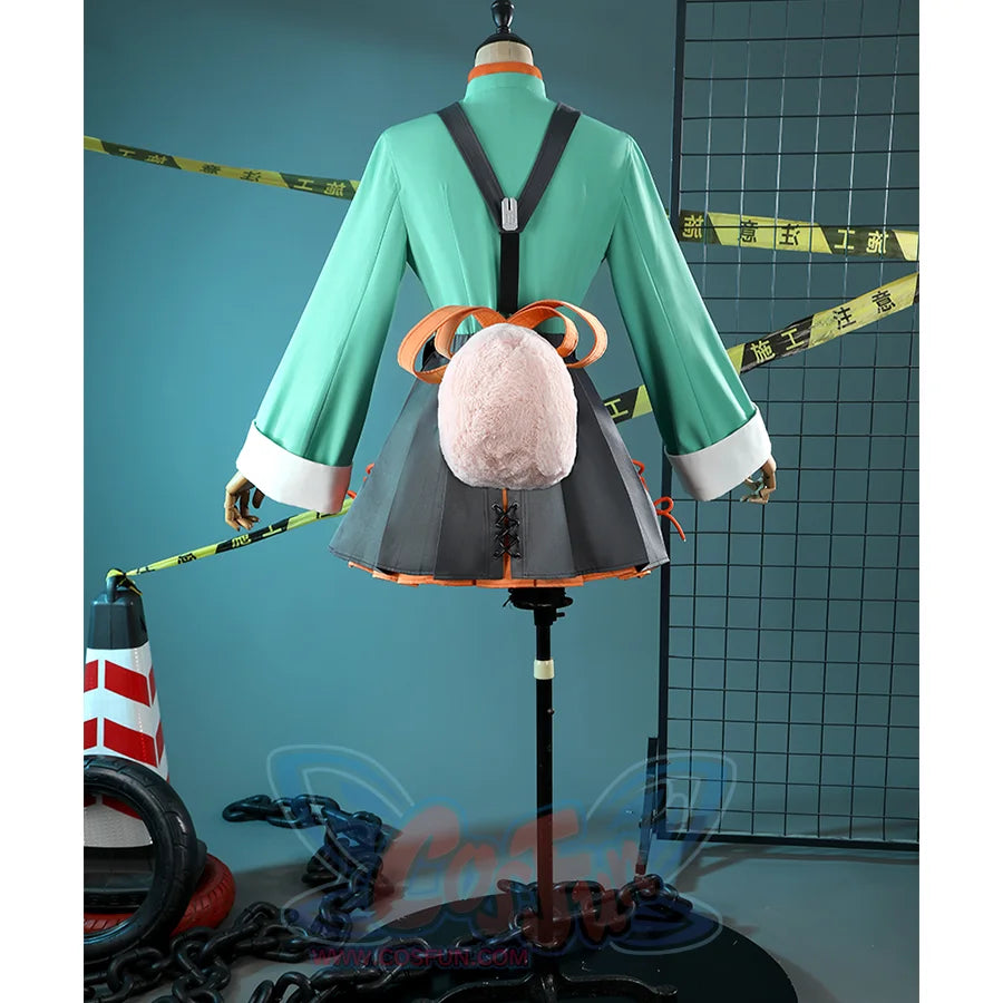 Zhao cosplay costume back on mannequin displaying fluffy pink bunny tail and orange rings
