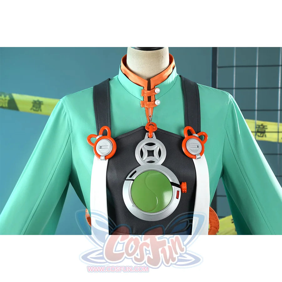 Zhao cosplay costume chest accessories featuring green jacket, black harness, and decorative orange rings
