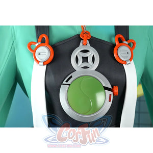 Zhao cosplay costume chest accessories detail showing orange ring decorations, white straps, central green disc, and black harness
