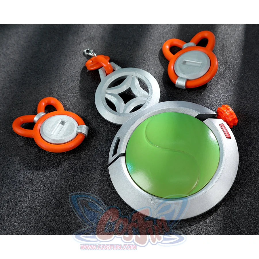 Zhao cosplay costume chest accessories set showing large green circular disc, white geometric rings, and three orange decorative pieces with silver centers