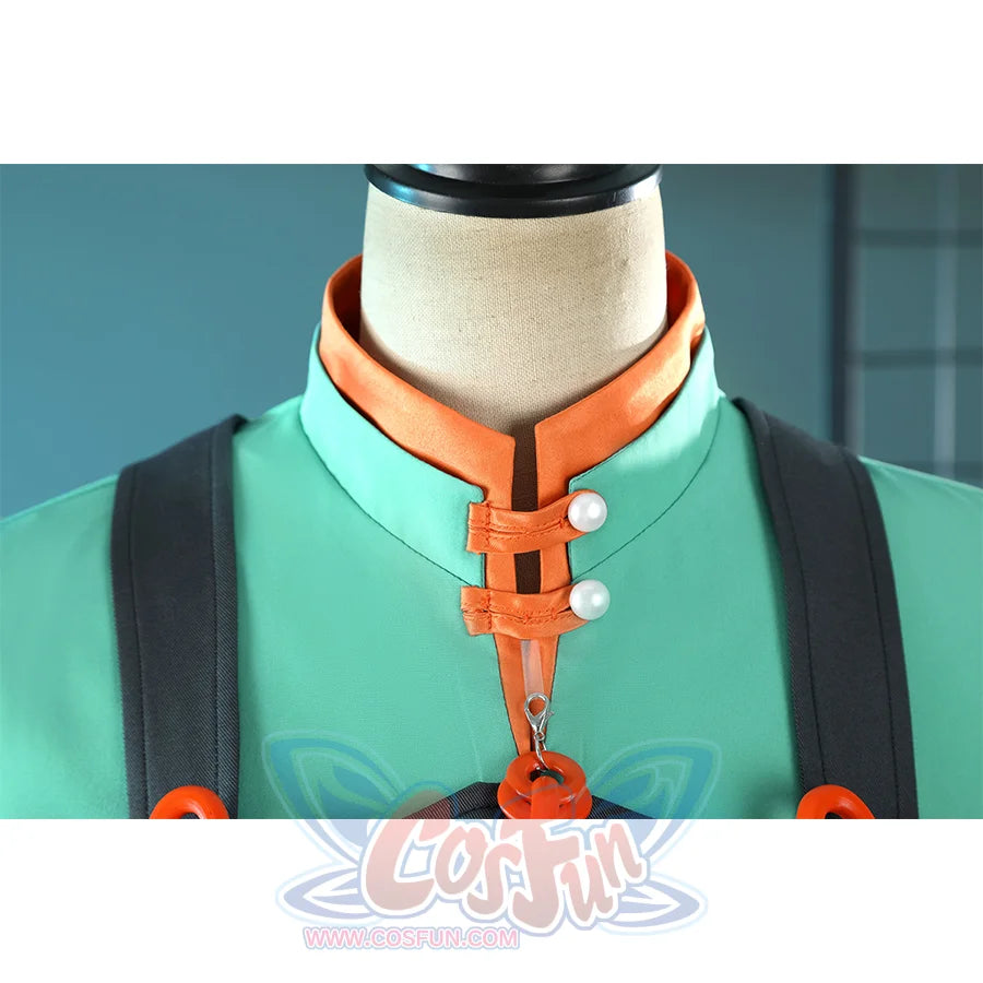 Zhao cosplay costume collar detail close-up showing orange collar, green jacket, black straps, and orange decorative fasteners