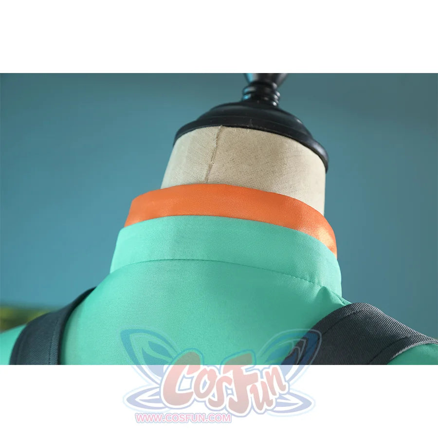 Zhao cosplay costume collar back view showing orange collar trim, green jacket, and black harness on mannequin