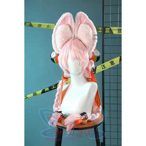 Zhao cosplay costume bunny ear headpiece back view showing pink fluffy ears, pink wig, and orange accessories on mannequin head