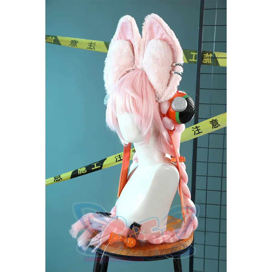 Zhao cosplay costume bunny ear headpiece opposite side view showing both pink ears, braided wig, and circular earphone on mannequin