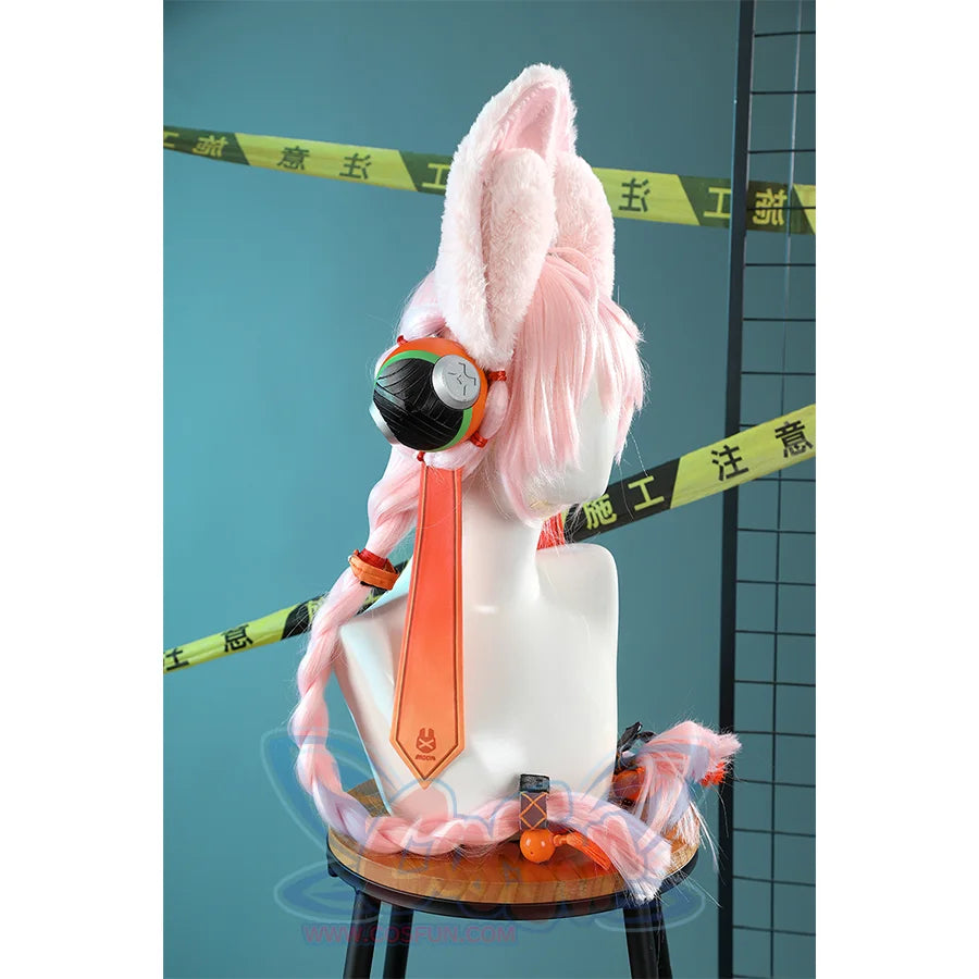 Zhao cosplay costume bunny ear headpiece side view showing single pink fluffy ear, braided wig, circular earphone, and orange ribbon tie on mannequin