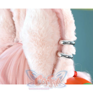 Zhao cosplay costume bunny ear silver ring earrings close-up on pink fluffy ear with braided wig