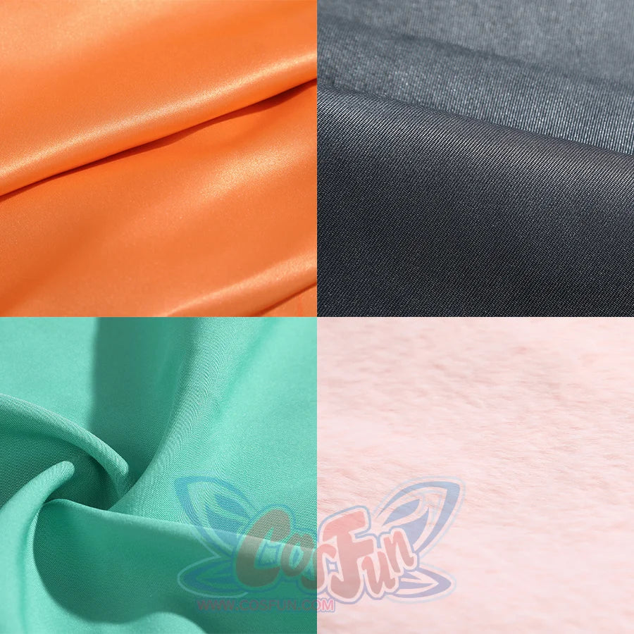 Zhao cosplay costume fabric swatches showing orange satin, gray textured, teal green, and pink fluffy materials used in costume