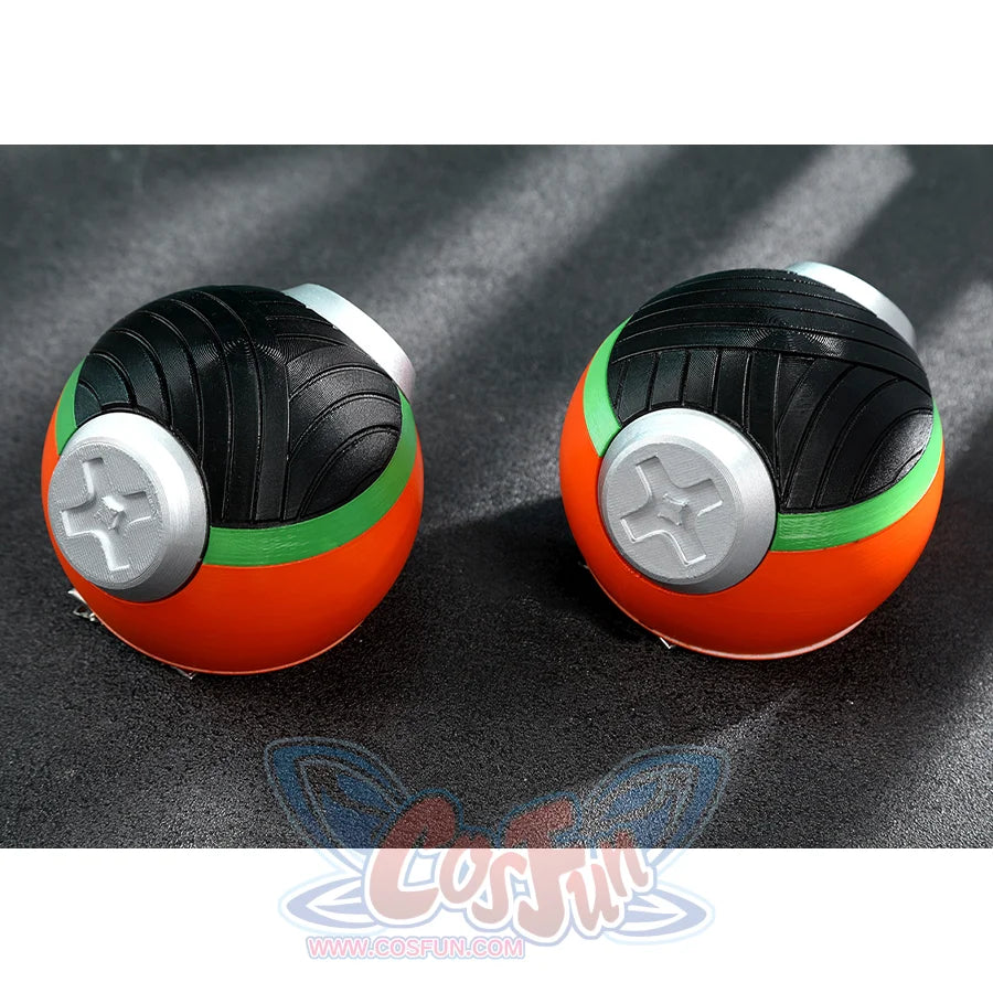 Zhao cosplay costume pair of circular earphone accessories showing black ribbed speakers, white star emblems, orange and green accent rings