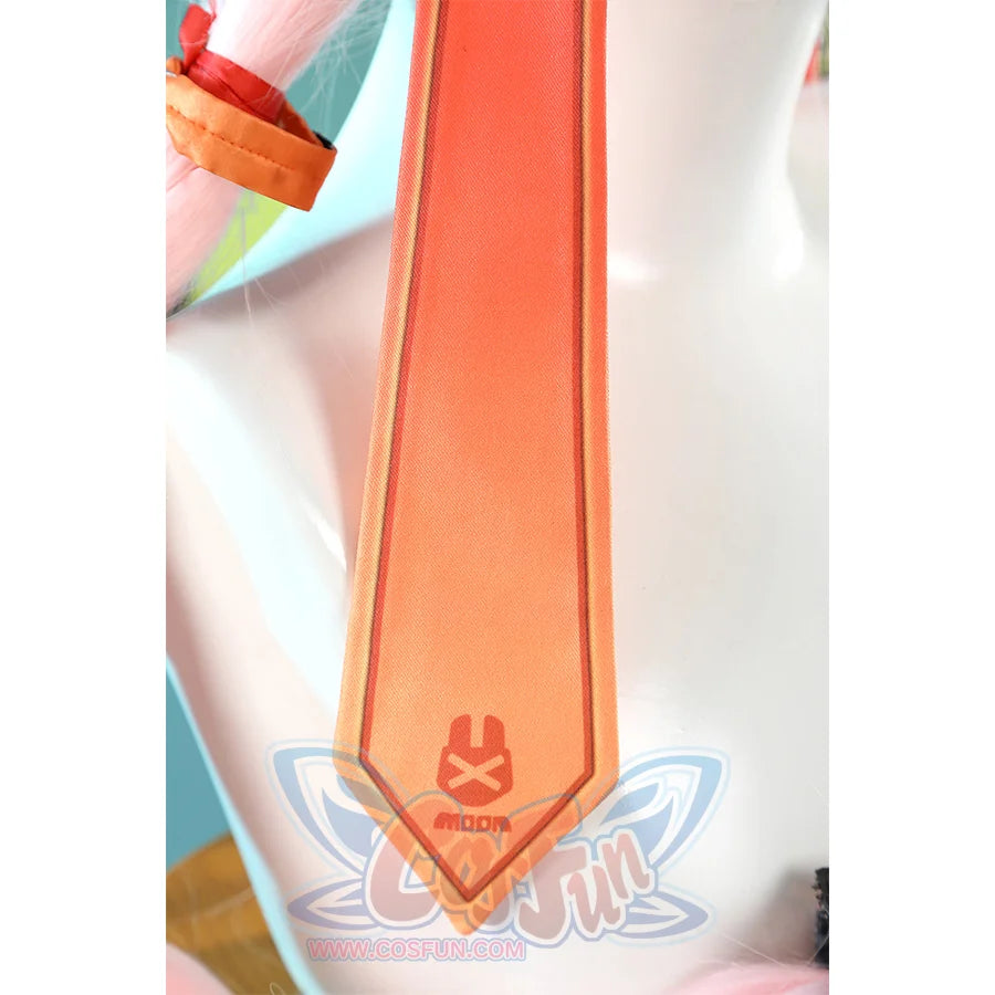 Zhao cosplay costume orange ribbon tie detail showing flame logo with Moon emblem on soft fabric