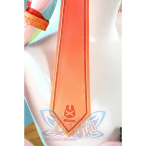Zhao cosplay costume orange ribbon tie detail showing flame logo with Moon emblem on soft fabric