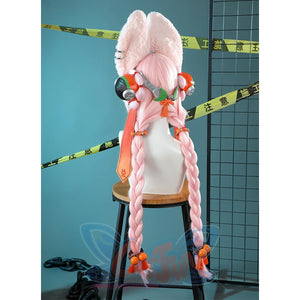 Zhao cosplay costume complete headpiece set featuring pink fluffy bunny ears, braided pink wig, orange ribbon ties, and green circular earphones