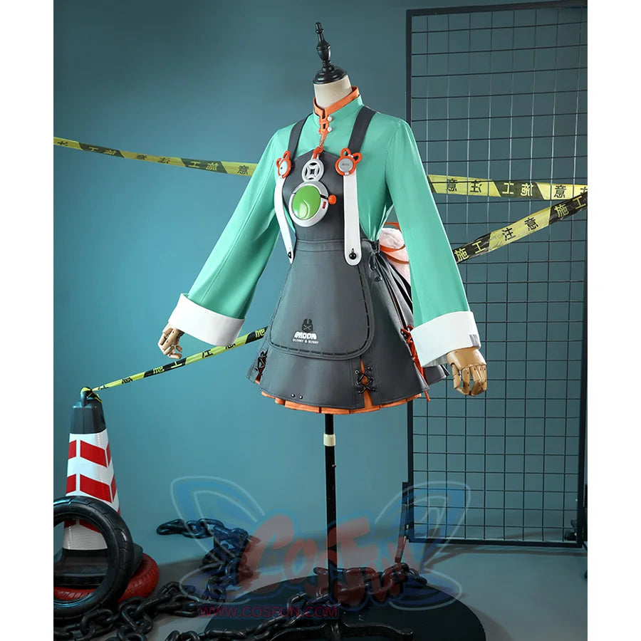 Zhao cosplay costume left side view on mannequin with green jacket and orange accents