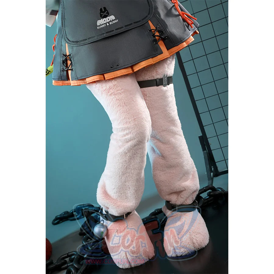 Zhao cosplay costume pink fluffy leg warmers with black buckle straps and silver bells on model's legs