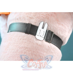 Zhao cosplay costume leg ring accessory with black strap, silver bunny buckle, and teal accent on pink fluffy leg warmer