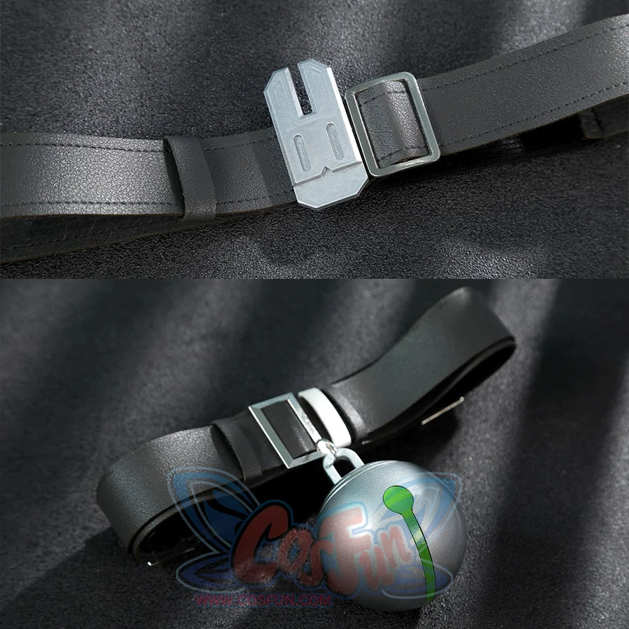 Zhao cosplay costume leg ring close-up showing white bunny buckle on black leather strap and silver bell with green leaf charm