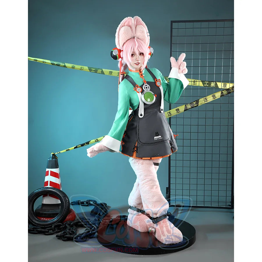 Zhao cosplay costume full outfit with pink bunny ears, green jacket, gray skirt, and accessories