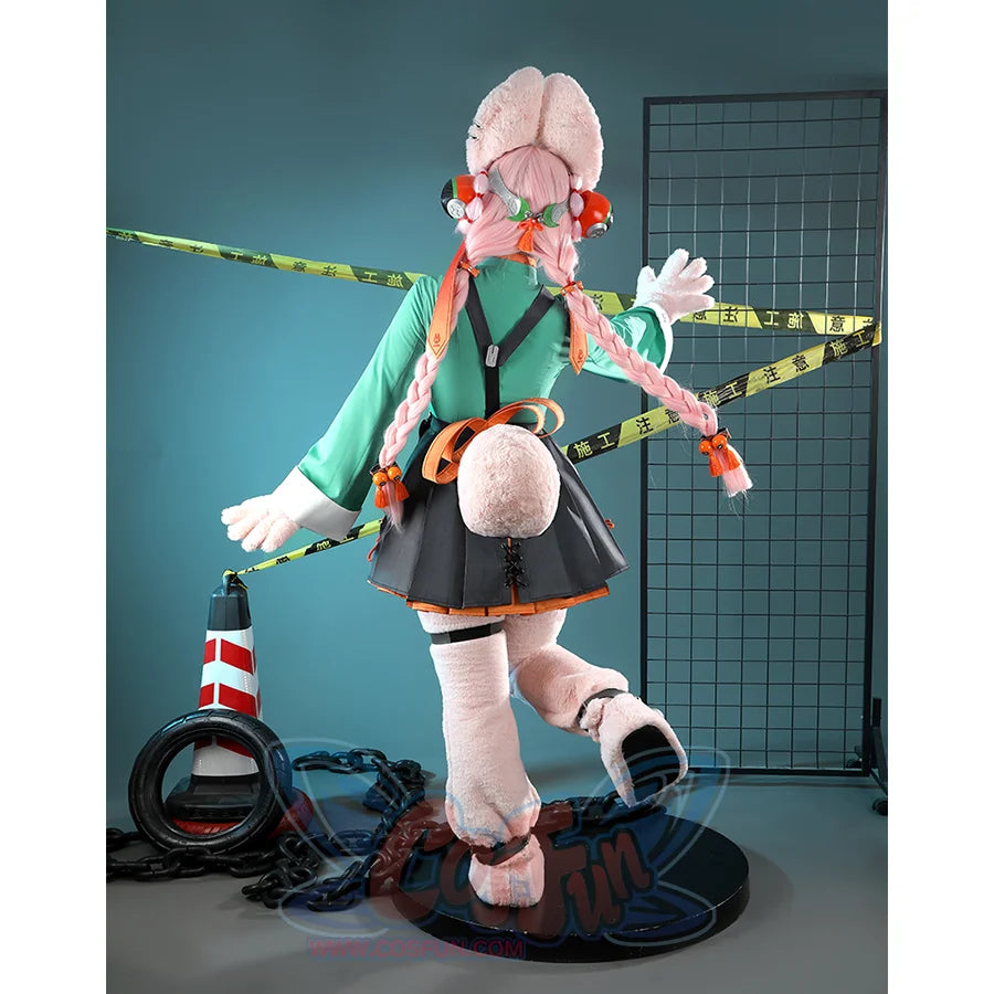 Zhao cosplay costume back view displaying pink bunny tail, orange chains, and detailed backpack
