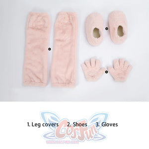 Zhao cosplay costume pink fluffy plush components set showing leg covers, shoe covers, and paw gloves laid out with labels