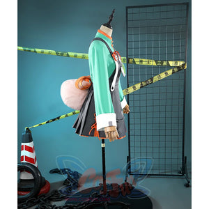 Zhao cosplay costume mannequin side angle highlighting green jacket sleeve and pink tail