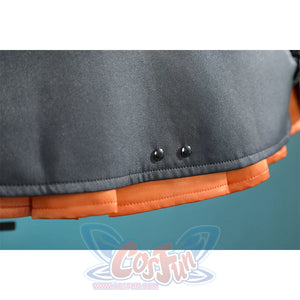 Zhao cosplay costume skirt hem detail showing gray fabric with orange trim and silver stud decorations