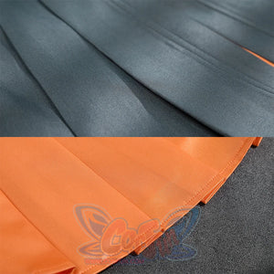 Zhao cosplay costume skirt pleats detail showing gray outer fabric with orange inner lining and stitching