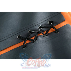 Zhao cosplay costume skirt strap detail showing silver metal grommets with black braided rope lacing on gray and orange fabric