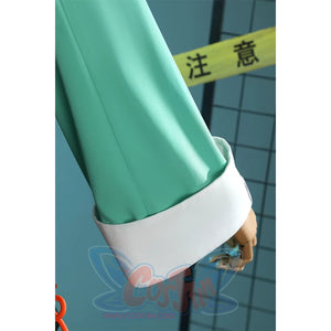 Zhao cosplay costume jacket sleeve detail showing teal green fabric with white cuff and blue ring accessory on model's hand