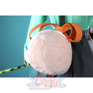 Zhao cosplay costume pink fluffy bunny tail with orange ribbon straps on gray dress back