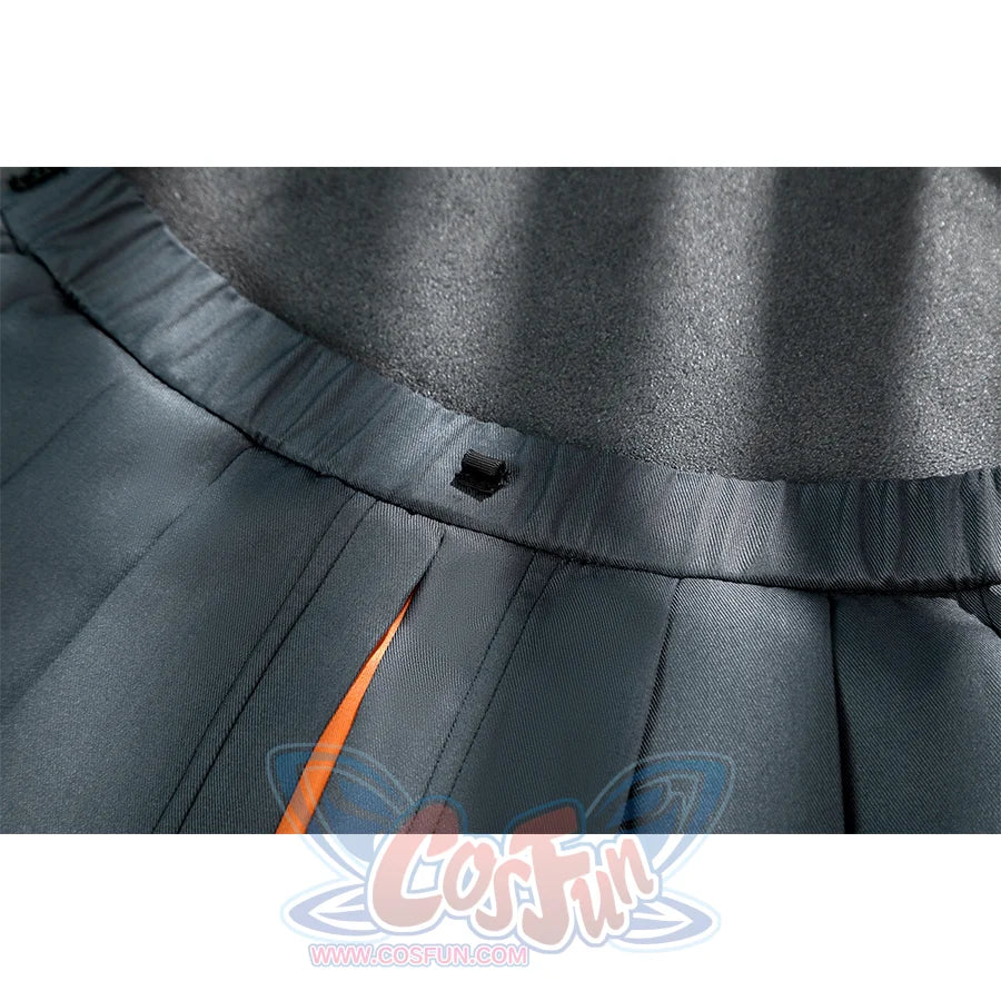 Zhao cosplay costume waist detail showing gray waistband with black decorative button and orange accent trim on skirt pleats