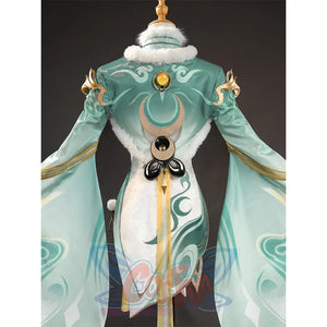Zibai cosplay costume coat back view with teal sleeves, white fur collar, and crescent moon design
