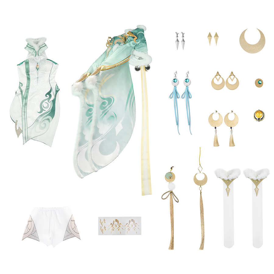 Zibai cosplay costume complete set layout with coat, dress, and all accessories including earrings