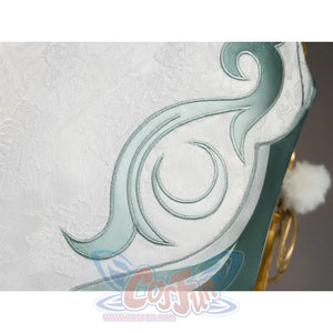 Zibai cosplay costume hem detail with white fabric and teal embroidered swirl design