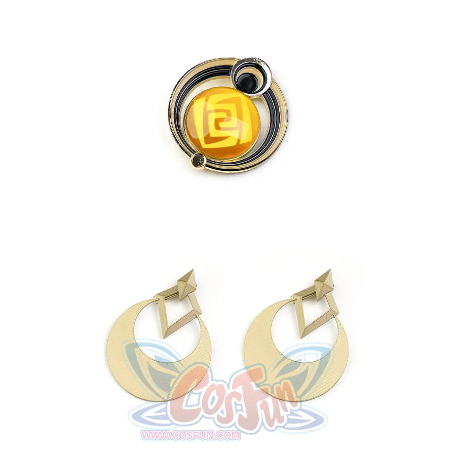 Zibai cosplay costume accessory set with gold brooch, yellow gem, and crescent moon earrings