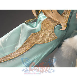 Zibai cosplay costume applique detail showing gold embroidered wing design on teal fabric