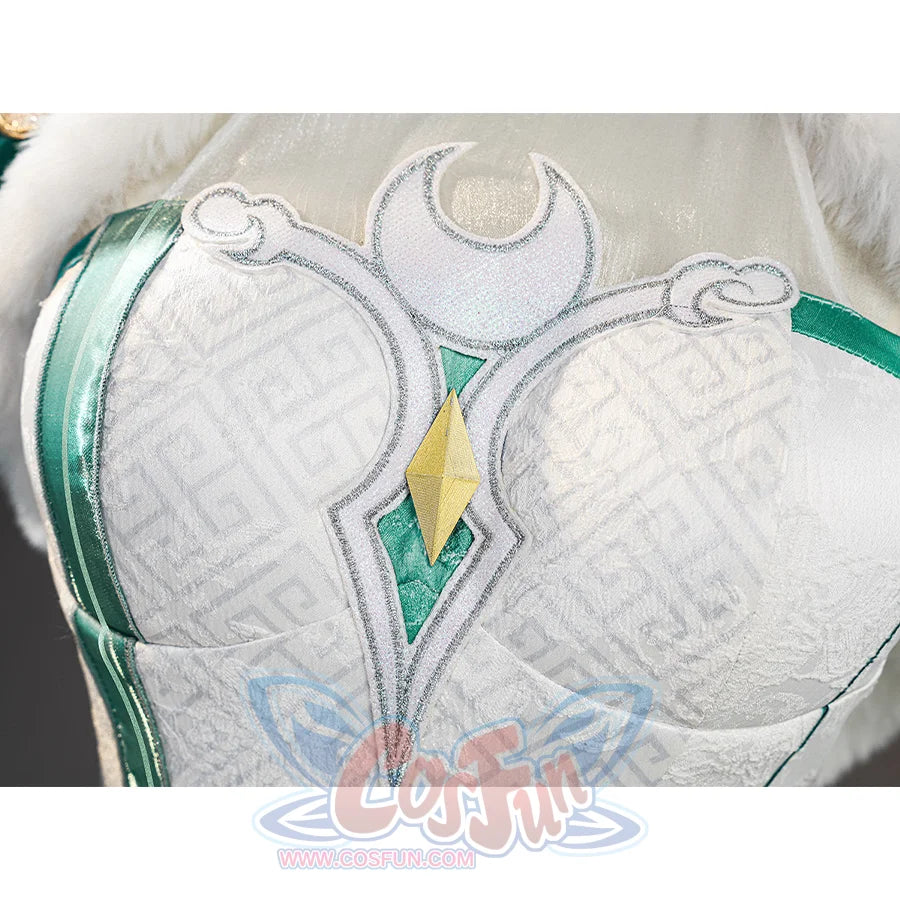 Zibai cosplay costume embroidered chest detail with silver swirls and teal accents on white fabric