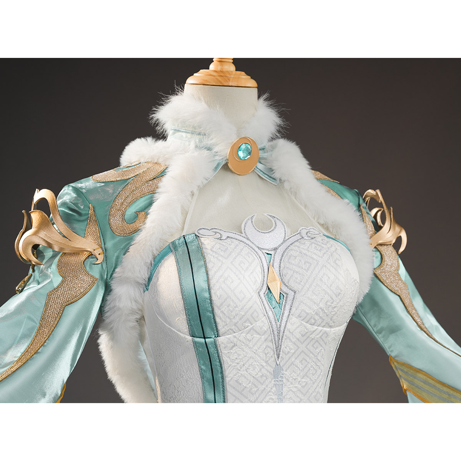 Zibai cosplay costume detail showing white quilted bodice, teal coat with gold trim, and fur collar