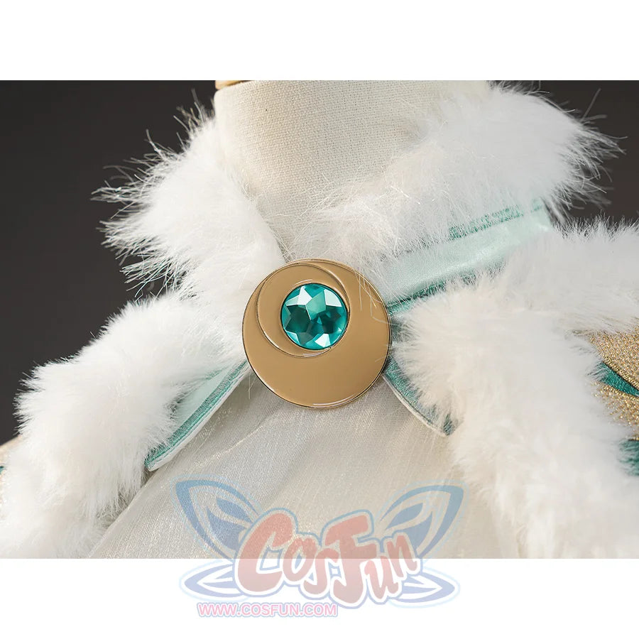 Zibai cosplay costume close-up of white fur collar with gold brooch and turquoise gemstone
